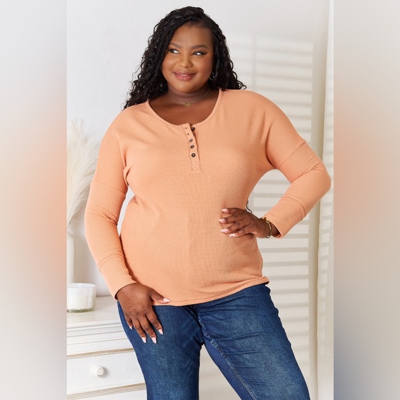 Basic Bae Half Button Long Sleeve Top - Picture 1 of 9